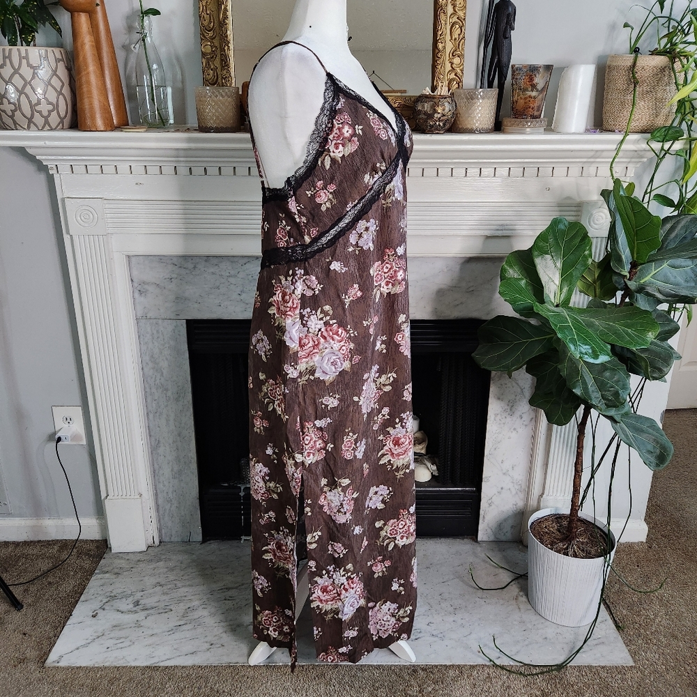 H&M Brock Collection Brown Floral Maxi Slip Dress Size XL Lace Romantic - Picture 5 of 9
